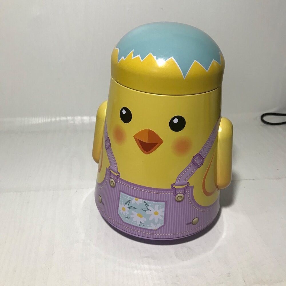 Chicken Chick Shaped Tin Container 7.5" Tall Metal Yellow & Blue Easter